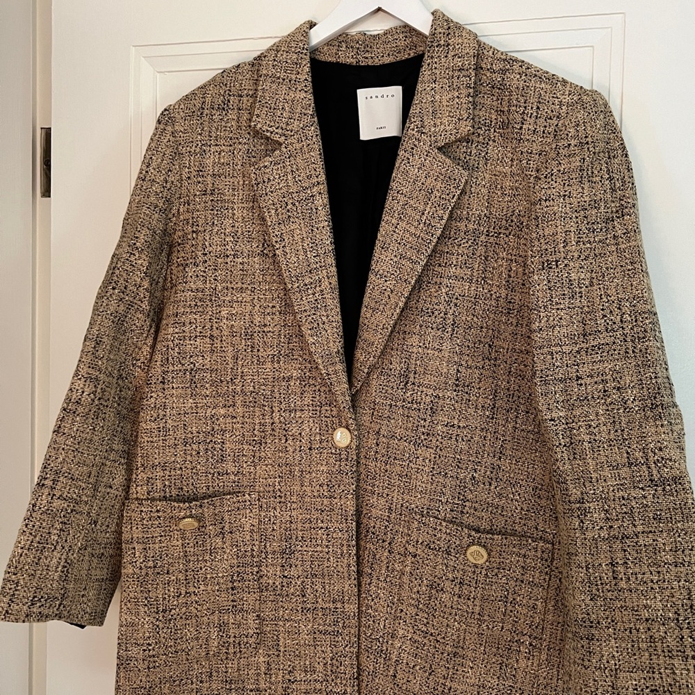 Sandro Tan Blazer Timeless Tweed-like Suit Jacket Sz40